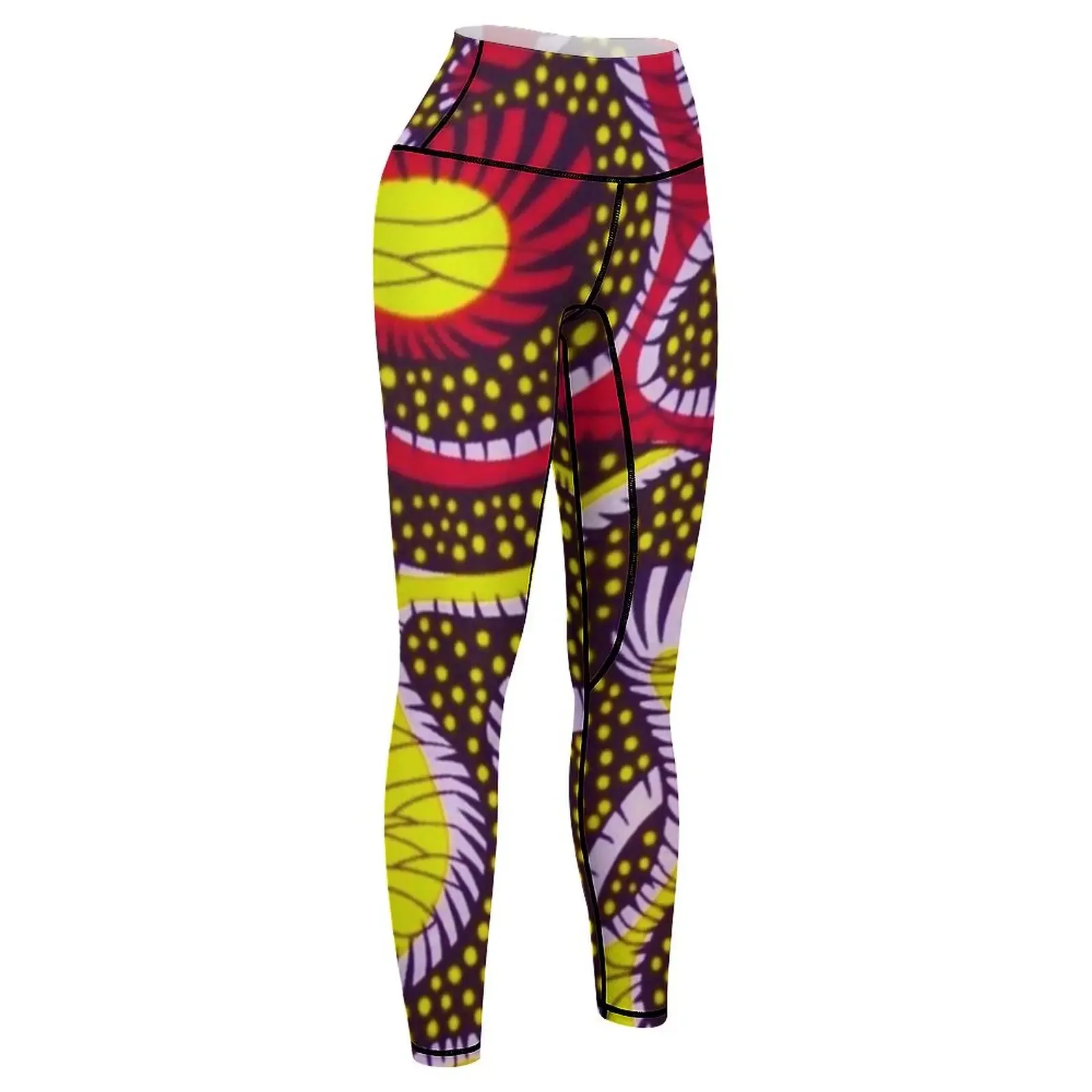 Hand Drawn African Tribal Print (Ankara) with Yellow/ Gold, Red/ Crimson, Purple/ Thistle and Black Tones - Abstract Le Leggings