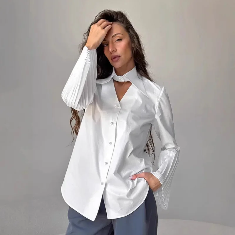 

Women Fashion White Cotton Shirt With Unique Pleated Bell Sleeves V Neck Collar Long Sleeve Elegant Fall Blouse French Chic Look