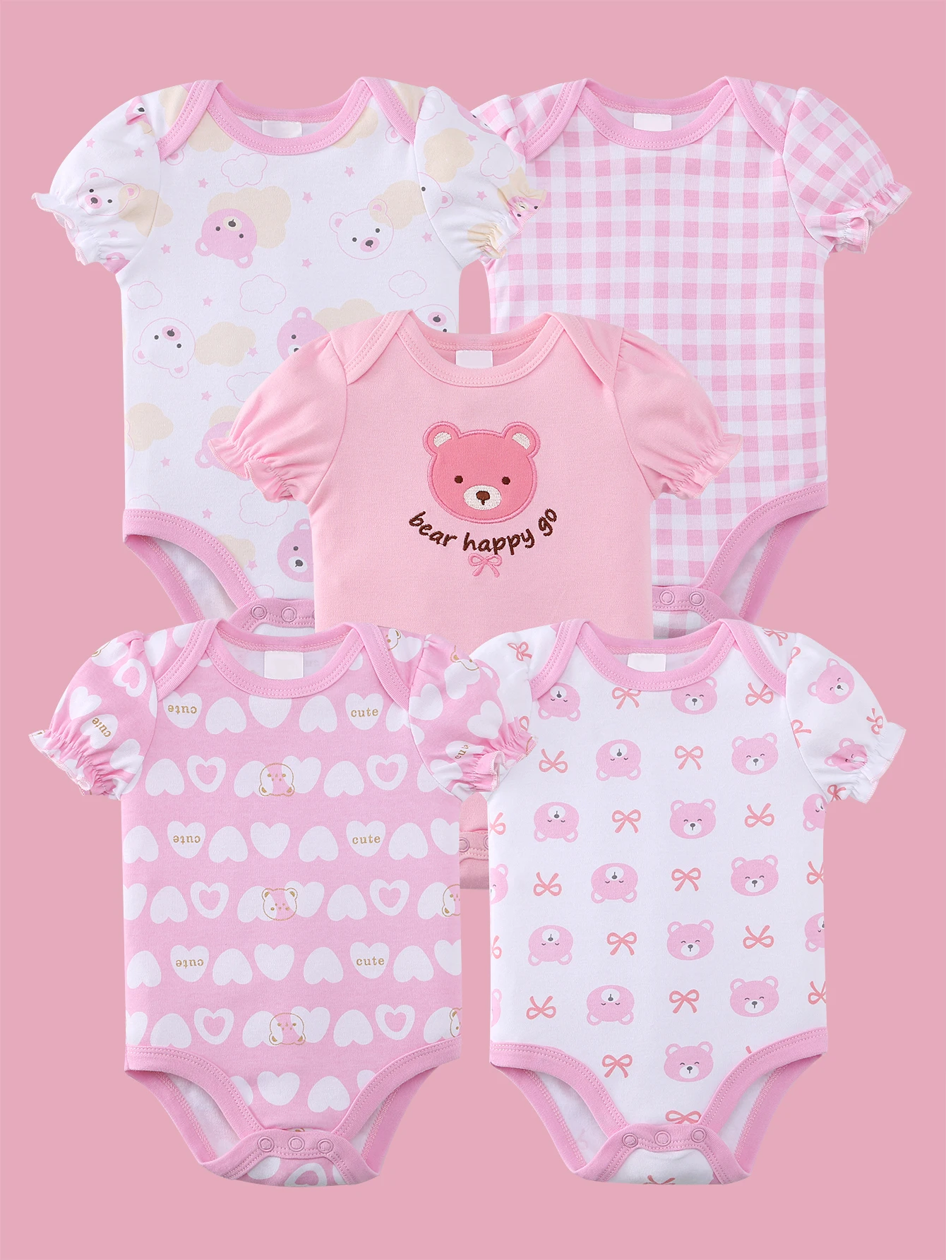 5-Piece Set of Baby Girl Rompers - Soft, Breathable, Cute Pink Bear Animal Print, Snap-Button Soft Short-Sleeve Triangle Romper, Lightweight Clothing for Infants Aged 0-12 Months, Lively and Adorable Baby Clothing, Stylish Baby Outfit, Machine Washable, Perfect for Outdoor Wear