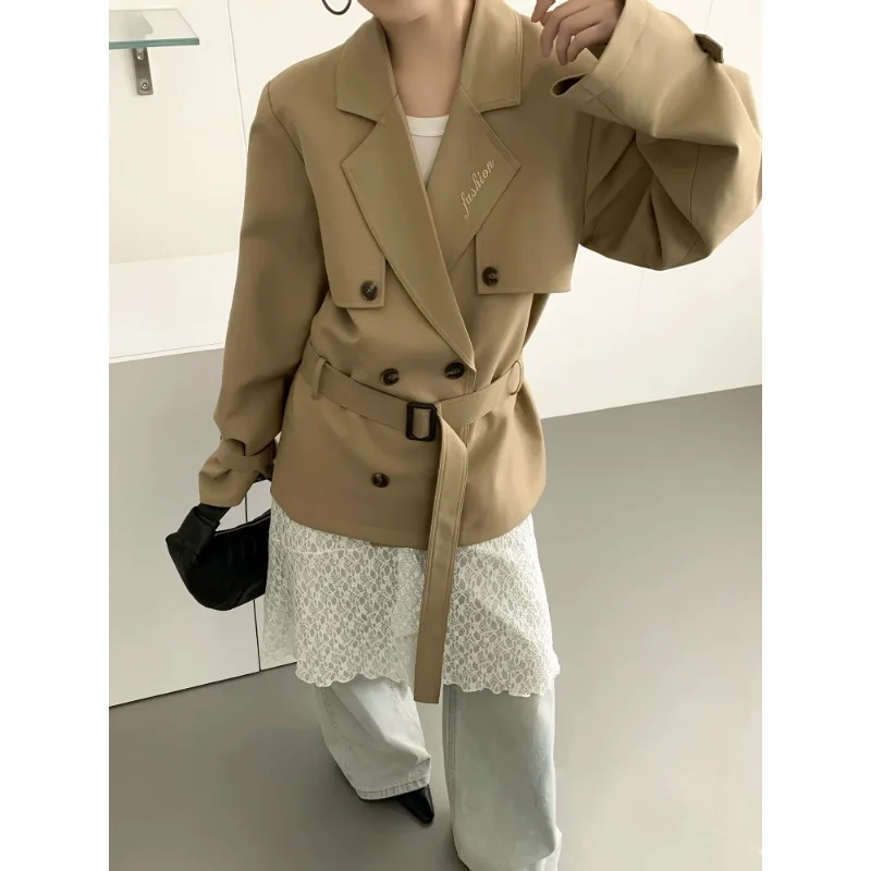 

Пальто SuperAen Khaki Fashion High Street 2026: Новая весенне-осенняя повседневная модель оверсайз средней длины с отложным воротником