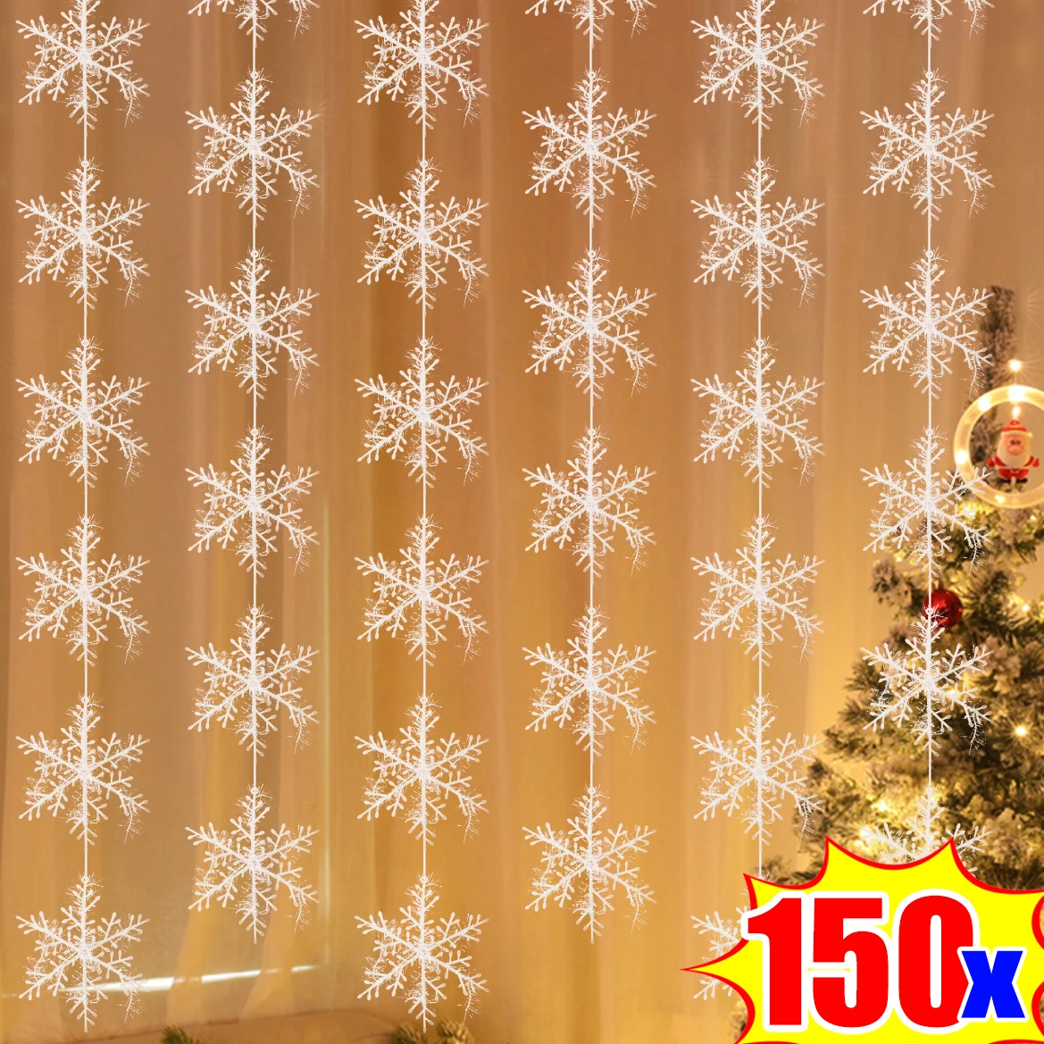 30-150Pcs Christmas Snowflakes Glitter Ornaments for Xmas Tree Hanging Pendents Artificial Shiny Snowflake DIY Wreath Home Decor