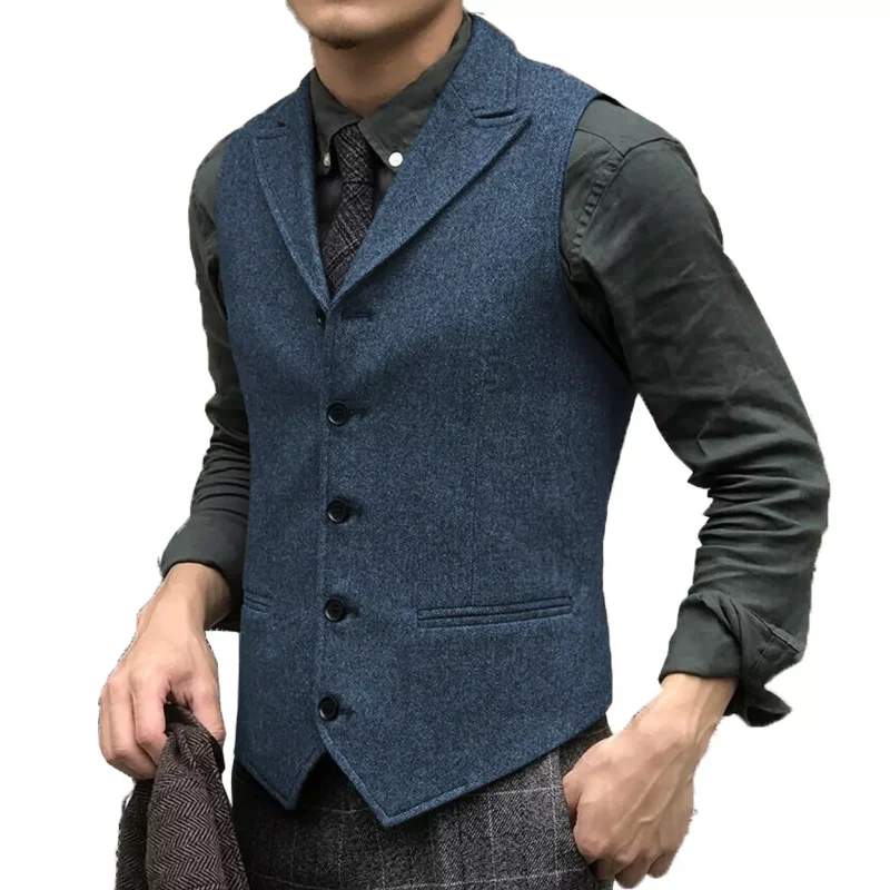 

Men Suit Vest Blue Solid Tweed Business Waistcoat Jacket Casual Slim Fit Wedding Groom Banquet Men Work Set