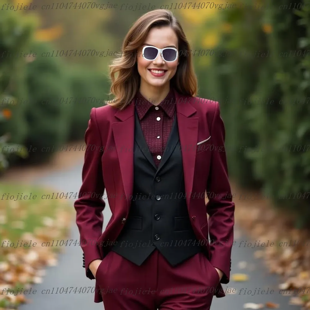 Bordeaux en zwart formeel zakelijk damespak bruiloft feest prom dames moeder meisje smoking kostuum 3-delige set blazer vest broek