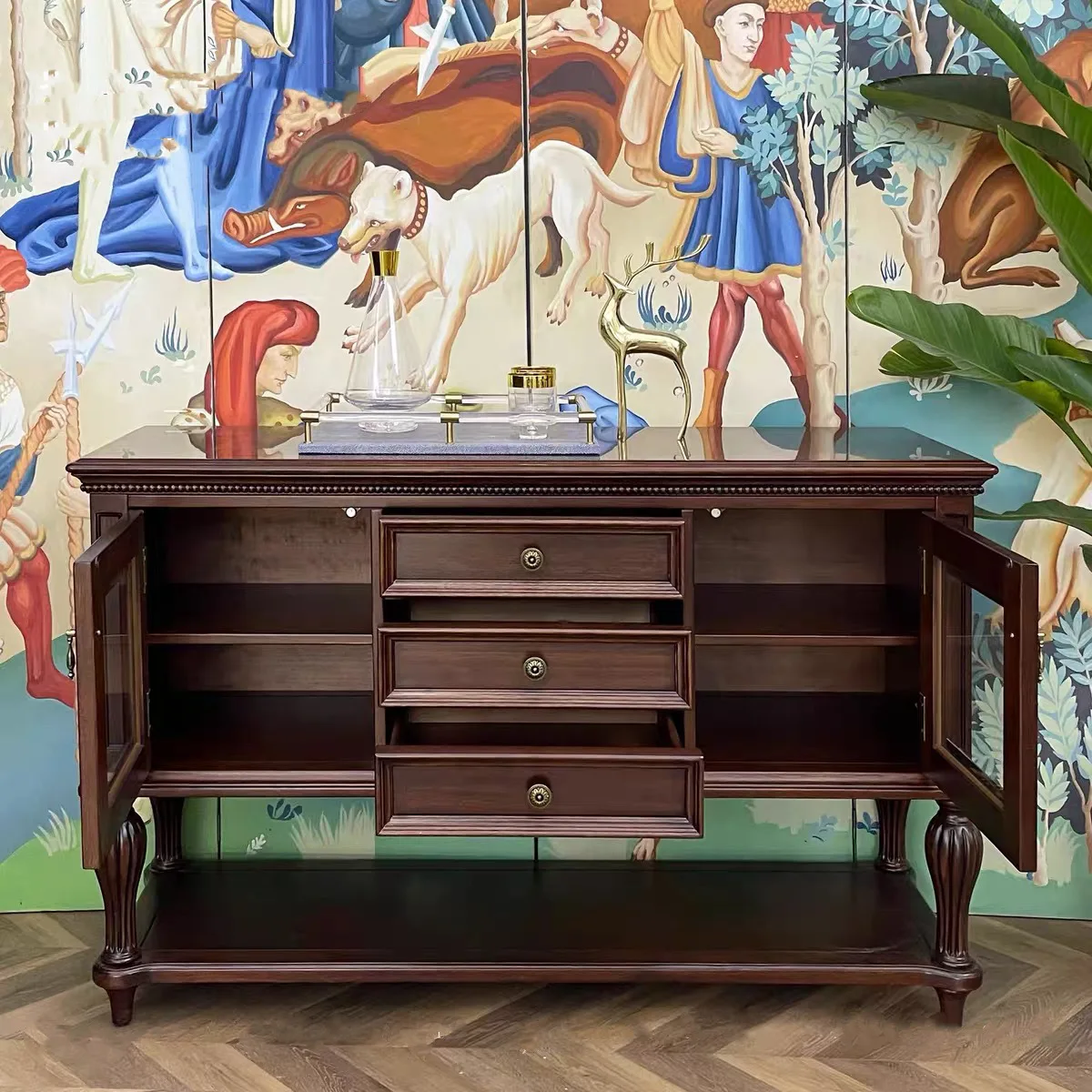 ตู้เก็บของอเนกประสงค์ไม้เนื้อแข็งสไตล์อเมริกันแบบคันทรี พร้อมเสาโรมัน สำหรับห้องนั่งเล่นหรือทางเข้า