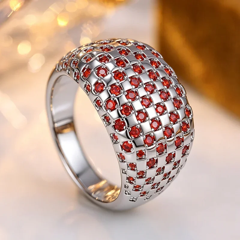 Ladies' Wide Version Exquisite Luxury Ring Grid Design and Multi Layers Embedded Red Zircon Shining Ring Charm Jewelry