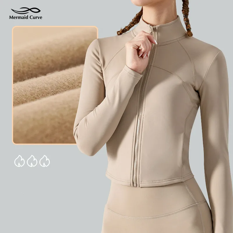

Mermaid Curve Warmth Plush Yoga Jacket Autumn Winter Sports Quick Dry Zipper Fitness Coat Women Slim Long Sleeve Running Jacket