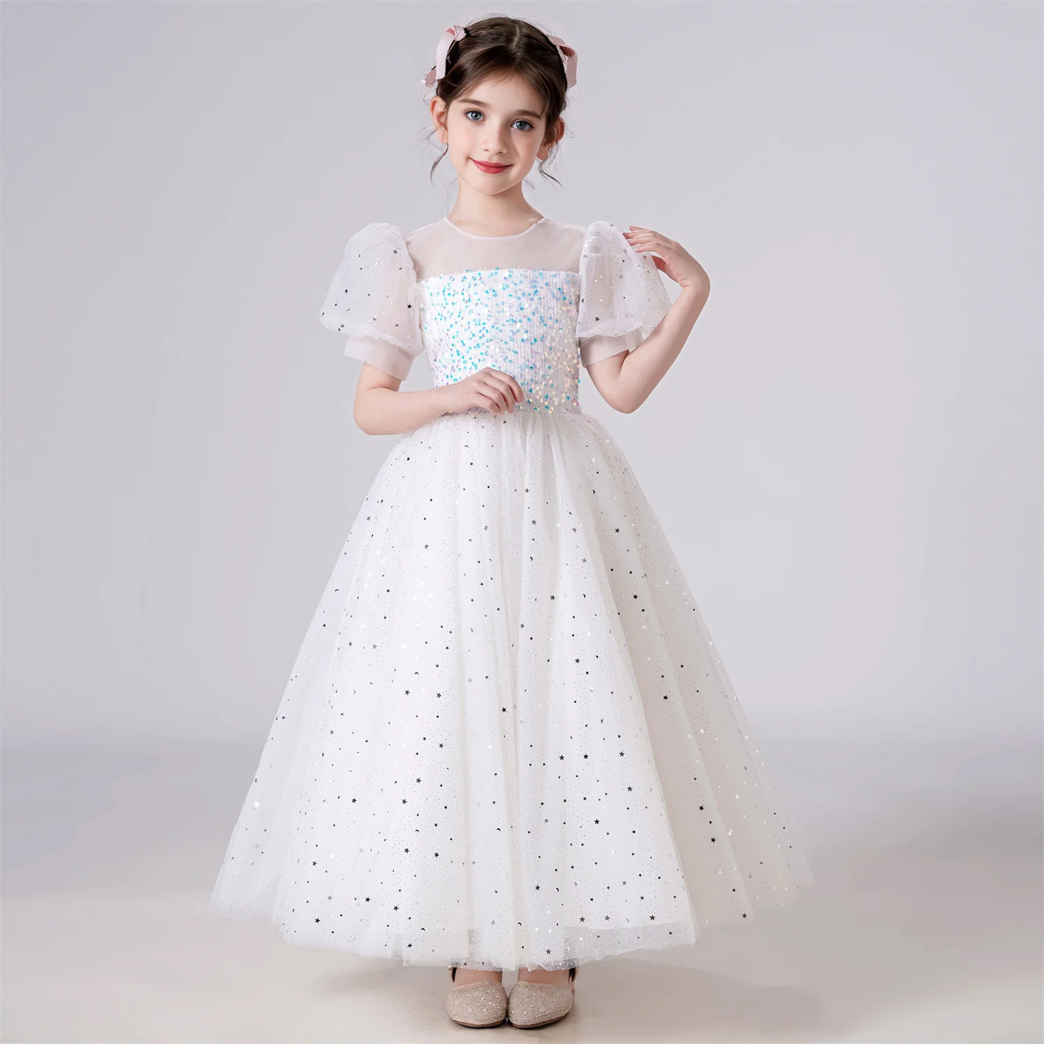 Elegant Party Dress For Girls Puff Sleeve Princess Dress For Wedding Kids Sequin Lace Birthday Communion Formal Evening Gown