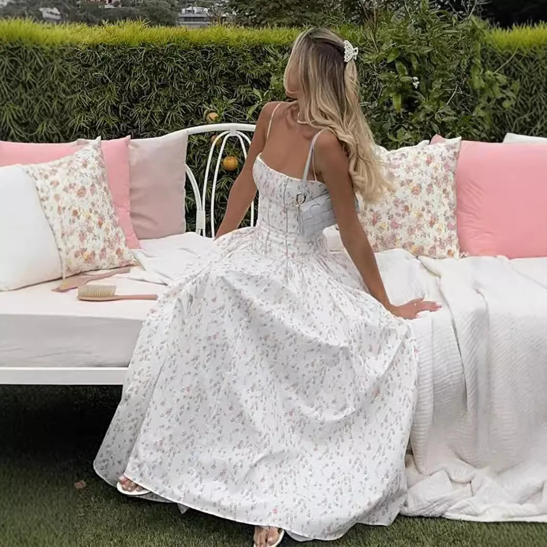 Ropa de mujer Sexy ajustado blanco Floral puro viento vestido largo Spice Girl vestido con tirantes verano mujer alto sentido