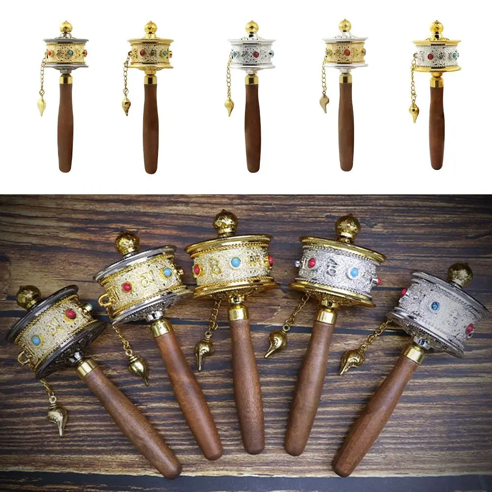Hand Cranking Tibetan Prayer Wheel Colourful Hand Held Turn Praying Instrument Rotatable Wooden Handle Religious Ornament