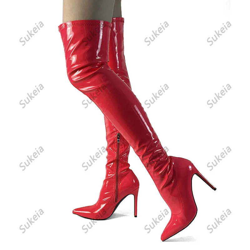 Sukeia Women Spring Over Knee Boots Side Zipper Stiletto Heels Pointed Toe Pretty Fuchsia Party Shoes Ladies US Size 5-15