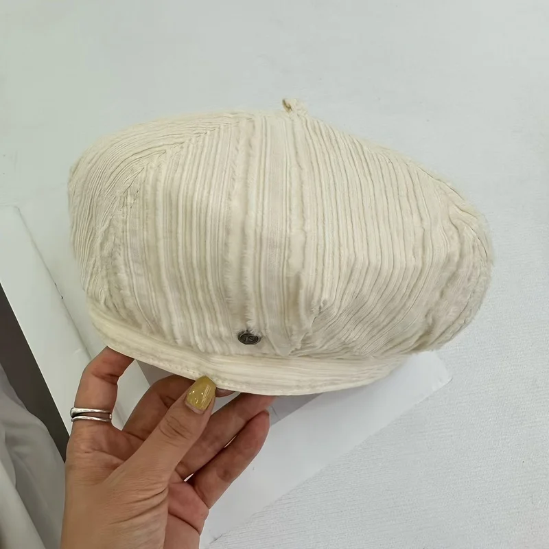 Beret Hat Vertical Stripe Small Label Bare-Faced Women'S Cold Protection Warm Thickened Middle-Aged, Outdoor Leisure, Sports