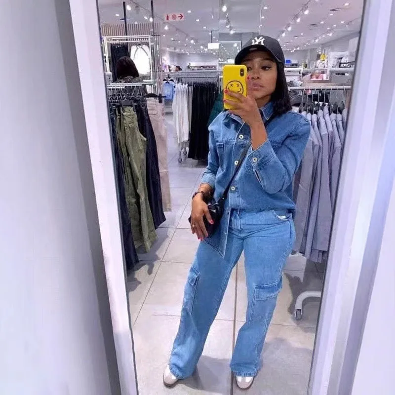 

Джинсовый костюм, женский джинсовый комплект из 2 предметов, рубашка, прямые брюки, однобортный отложной воротник, осень 2024, уличная одежда, ансамбль