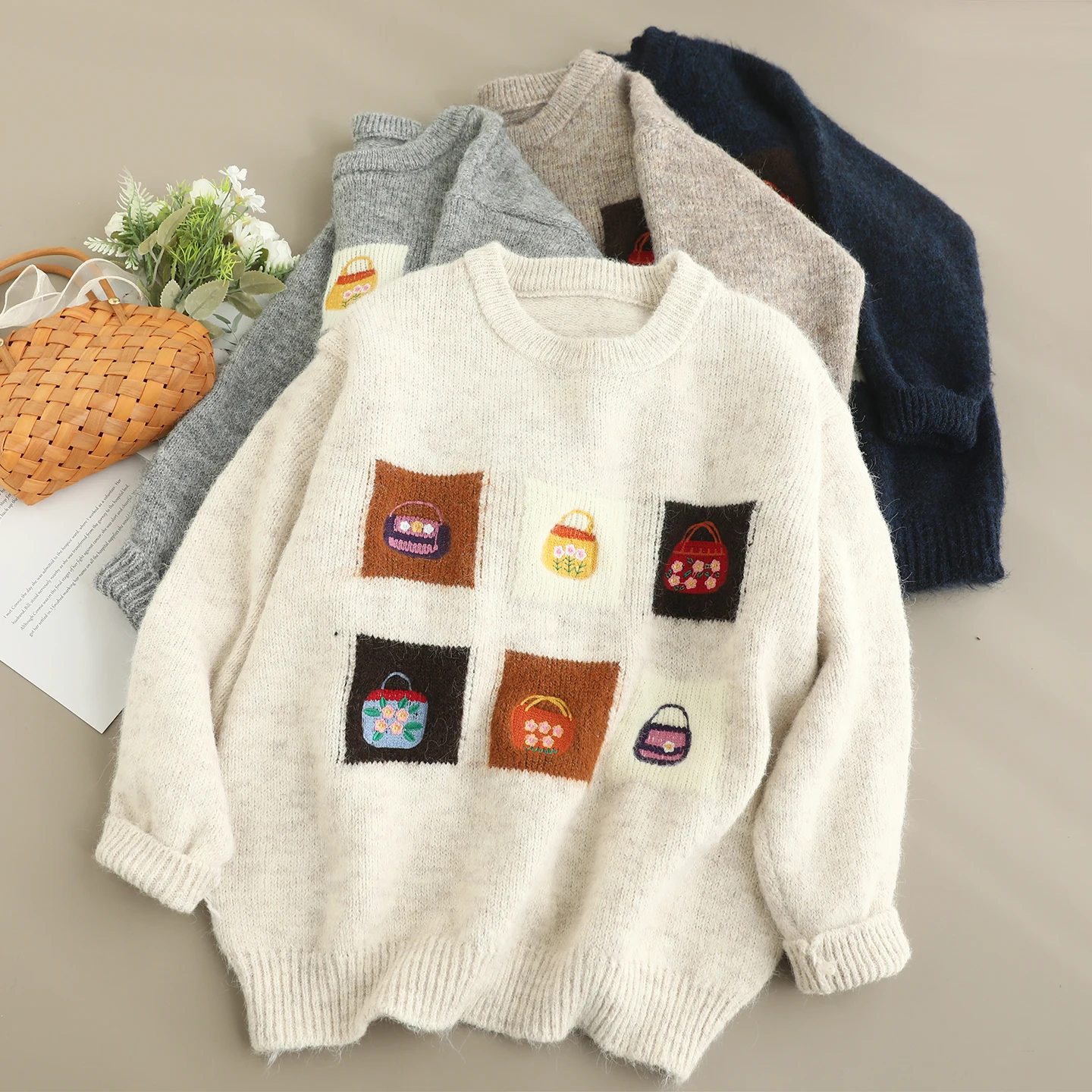 

Japanese Sweet Mori Girl Cartoon Embroidery Sweater Pullovers Women Autumn Winter O-Neck Long Sleeve Casual Loose Knitted Tops