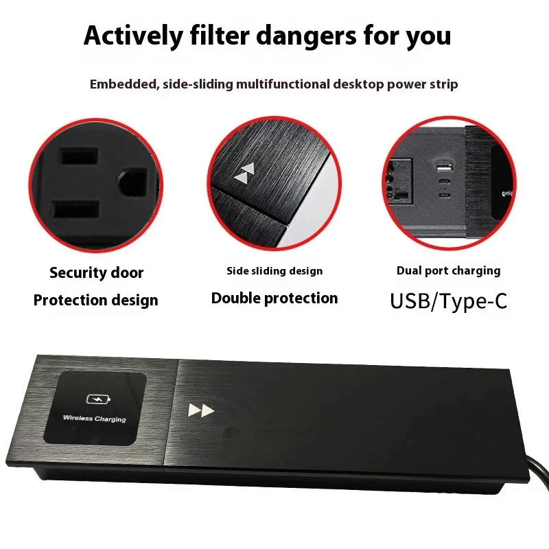 

FUNAYA Built-in Desktop Hidden Slide Cover Socket US MX Plug with Wireless Charging USB Type-c Embedded Table Sockets AC110 250