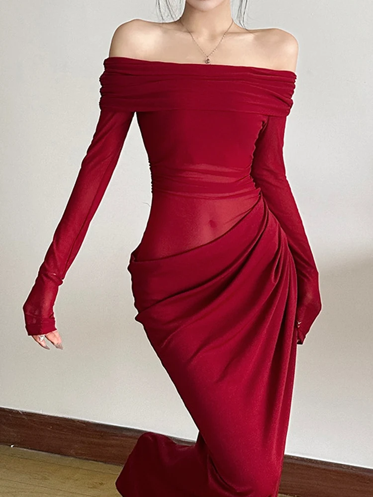 Vestido extraño con cuello oblicuo de gato para mujer, elegante, Sexy, de retales, de malla, fruncido, hueco, para fiesta de cumpleaños, ropa para discoteca, vacaciones, 2025