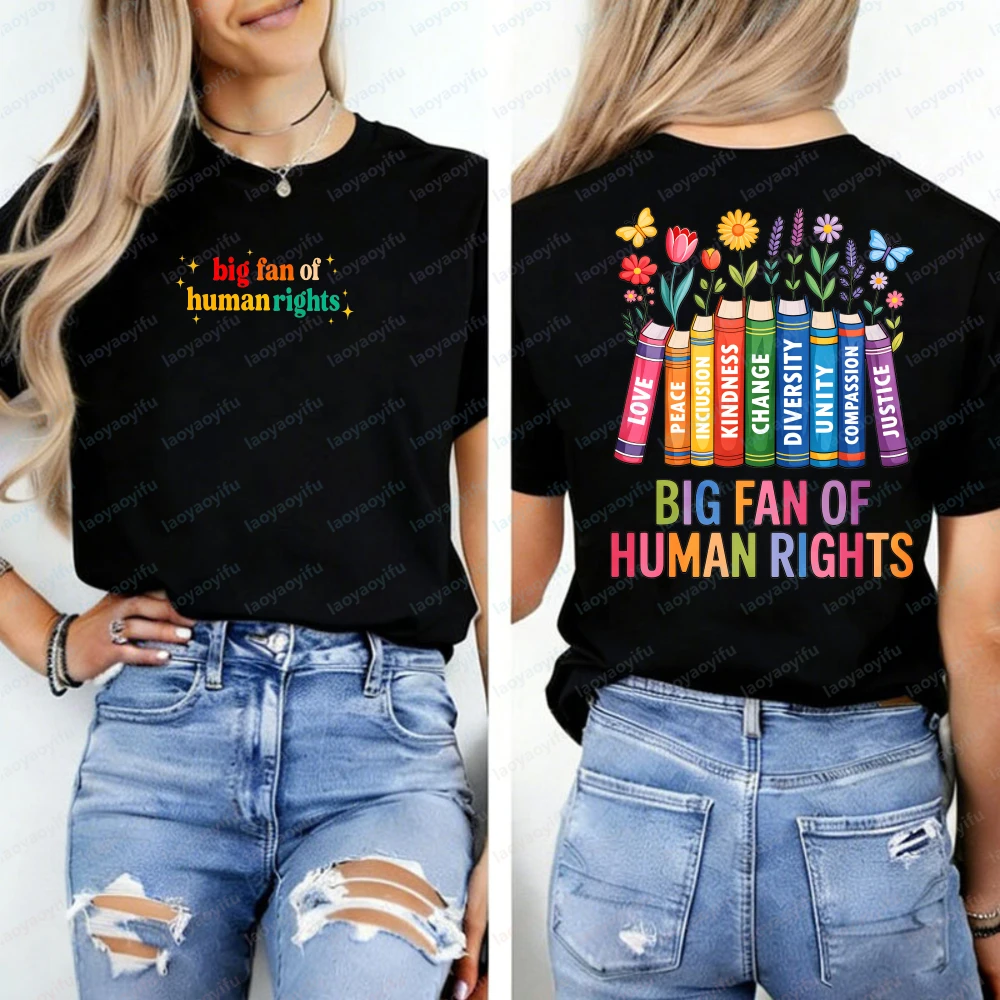 Big Fan of Human Rights Vintage Floral Rainbow Funny Protest Shirt Graphic T Shirts Aesthetic Clothes High Quality Cotton Tops