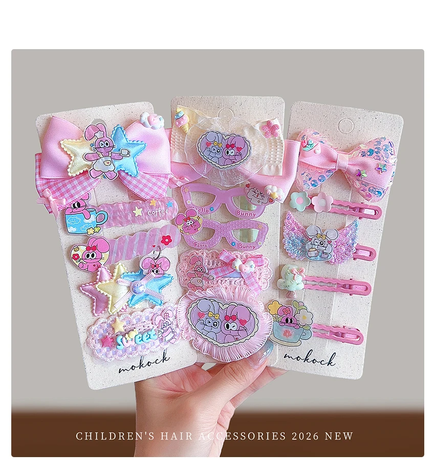 2026 Neu 5-teiliges Kinder-Haarspangen-Set Kawaii Cartoon-Häschen Satin-Schleife Pailletten Tüll Spitze Haarschonende Haarspangen für Kleinkind-Mädchen – Detail 3