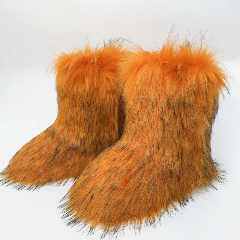 Women Winter Fluffy Faux Fox Fur Boots Luxury Furry Fur Boots Lady Plush Warm Platform Shoes Fashion Snow Boots Sexy Party Shoes