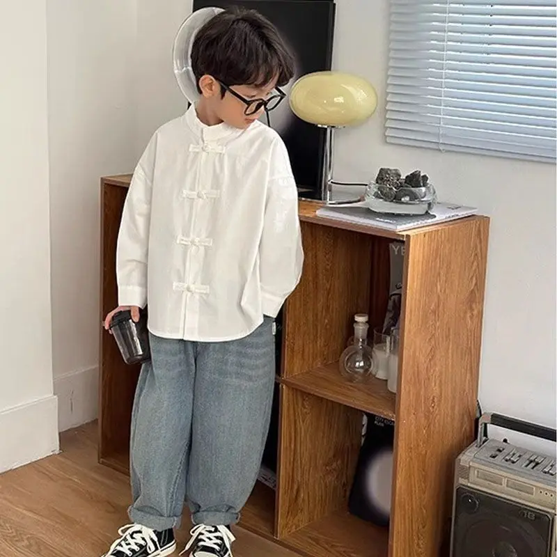Boys Cotton Shirt Spring Autumn Solid Color Long Sleeve Button Up Tops Casual Kids Fashion Clothing