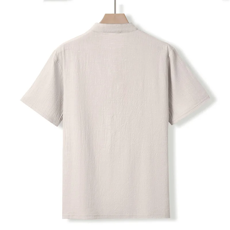 Herren-Henley-Shirt mit Stehkragen, Kurzarm, Baumwoll-Leinen-Mischung, Brusttasche, Atmungsaktiv, Sommer, Alltag, Reise, Strand, Freizeit-Oberteil – Detail 16