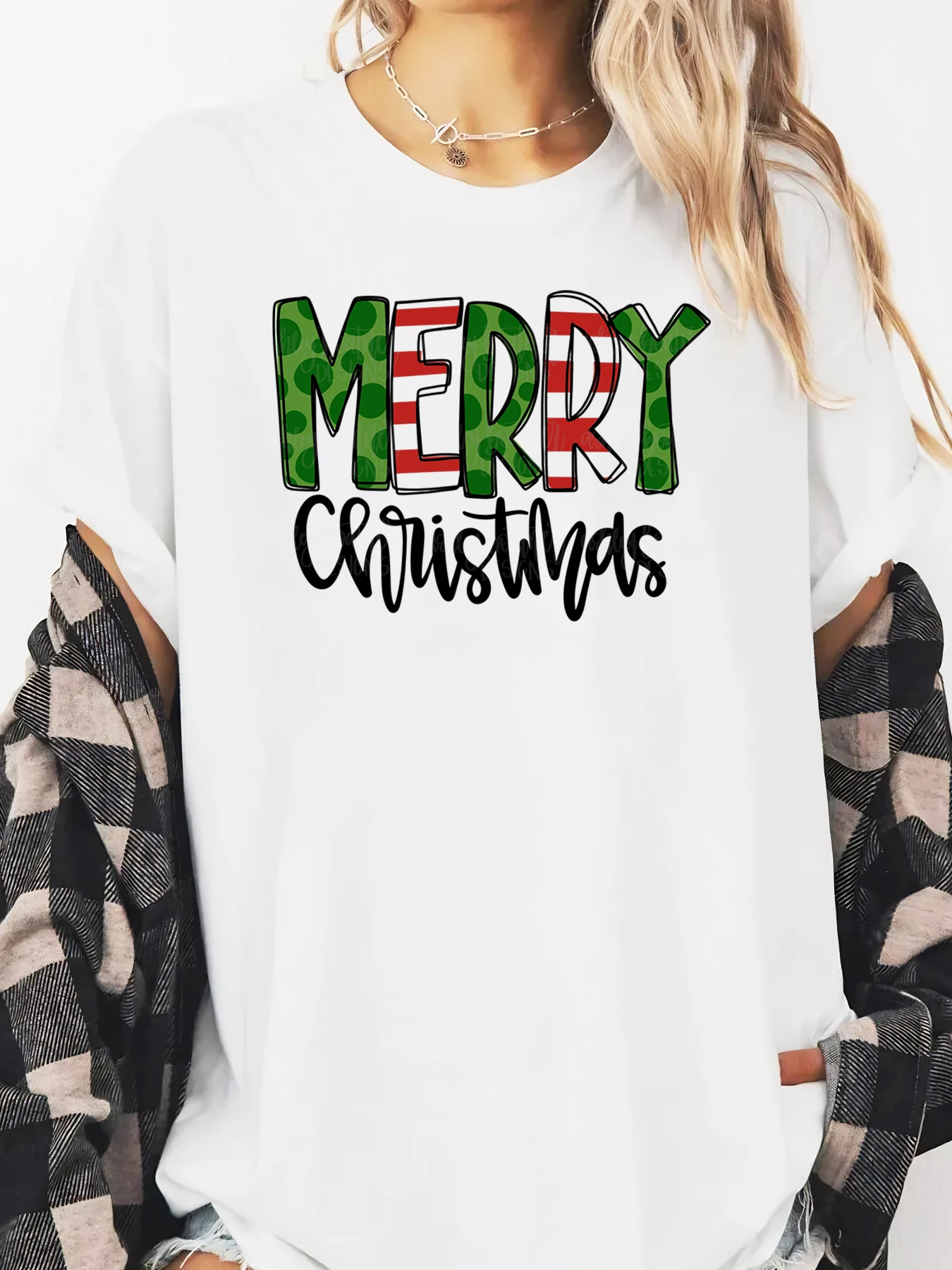 Merry Christmas T-shirt met camouflage- en streepprint Vakantie Dames Vrijetijdskleding Wit Grote maten