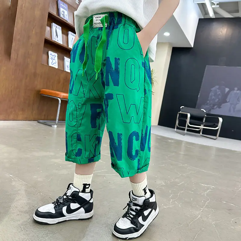 2024 Elegant Fashion Harajuku Slim Fit Children Clothes Loose Casual All Match Ice Shreds Sports Pants Thin Style Cropped Pants