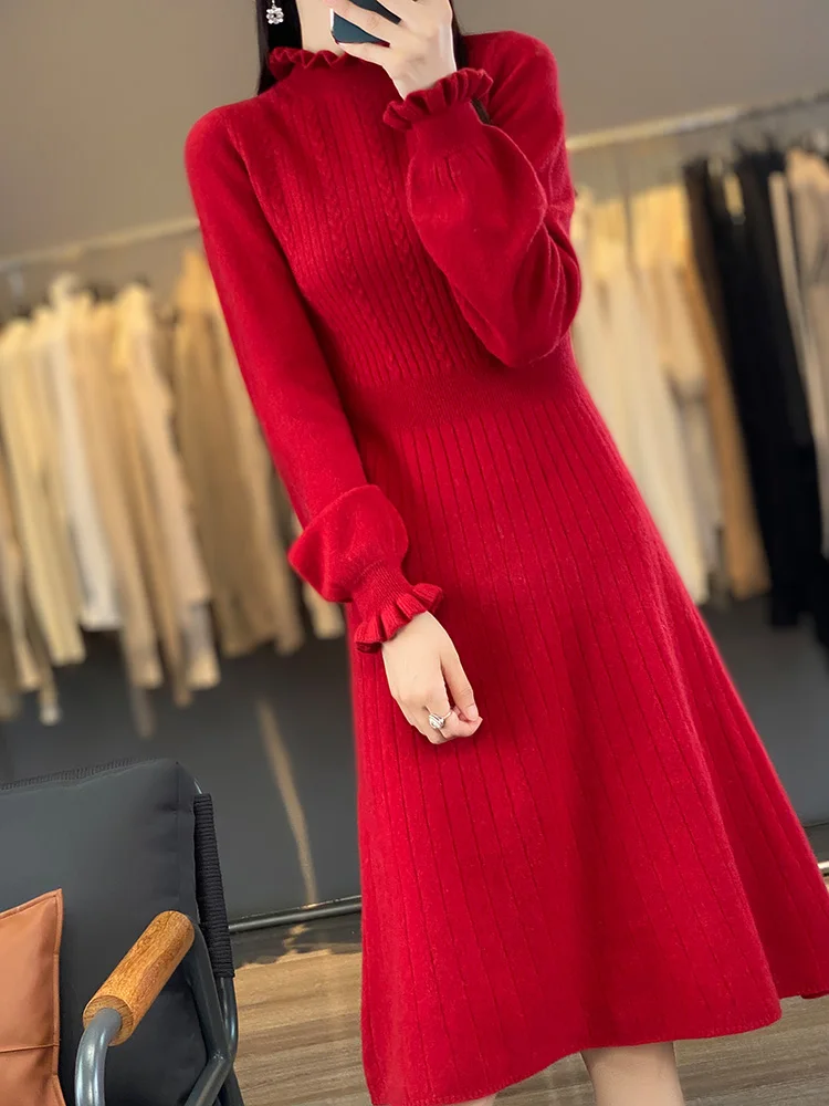 100% ميرينو الصوف المرأة البلوز فستان مع الفطريات طوق الخريف الشتاء موضة عادية محبوك الكشمير تنورة طويلة