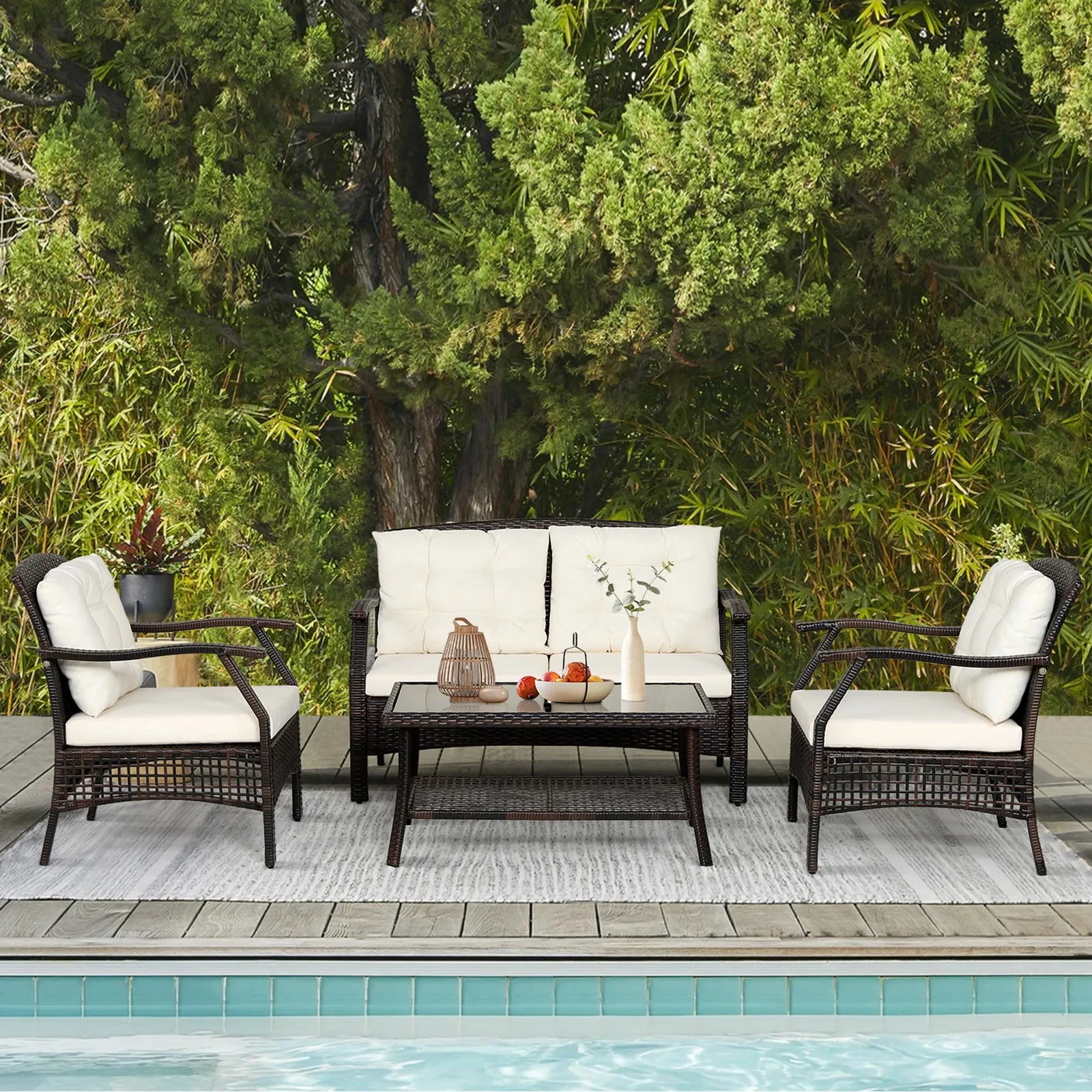 

4PCS Furniture Set Wicker Sofa Set w/ Waterproof Cover