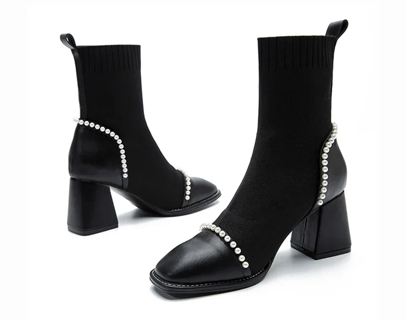 Bottes chaussettes à talons hauts carrés pour femmes, chaussons courts noirs pour dames, Parker à la mode, automne et hiver