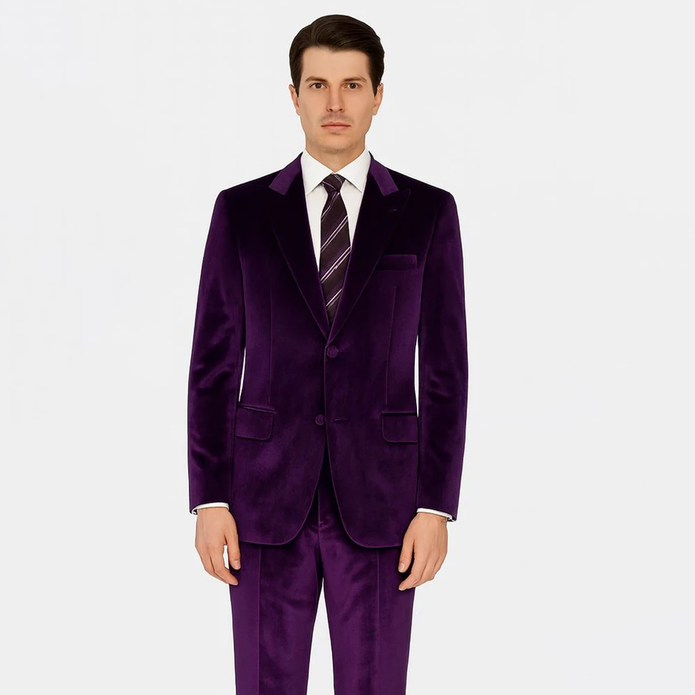 Setelan Pria Beludru Ungu Kustom Mode Kerah Puncak Kancing Sebaris Slim Fit Celana Jaket 2 Potong Pakaian Pria Elegan