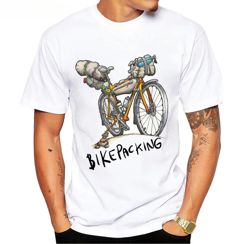 Gravel Bikepacking Cycling T-Shirt Summer Men Short Sleeve Fixed Gear Bicycle Sport Cotton Casual Tops Funny Bike White Tees