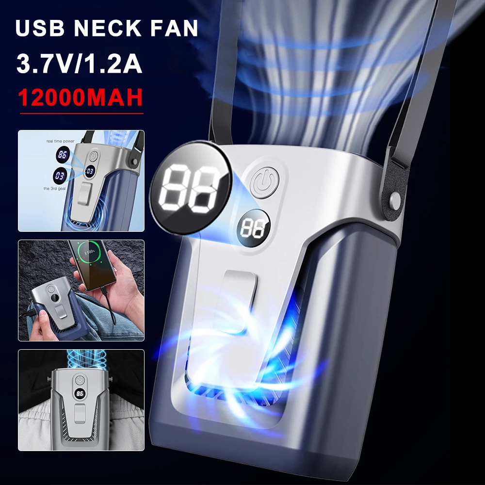 

12000mAh Portable Waist Fan USB Rechargeable Air Conditioner 3-Gear Mute Hanging Neck Fans Outdoor Sports Mini Waist Clip On Fan