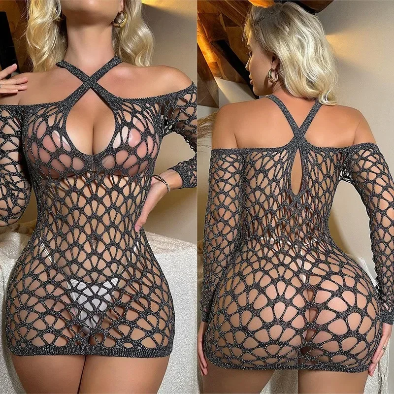 

Dress Silver wire mesh perspective slim fit bag buttocks tight and fun lingerie sexy costume women robe femmes Evening dresses