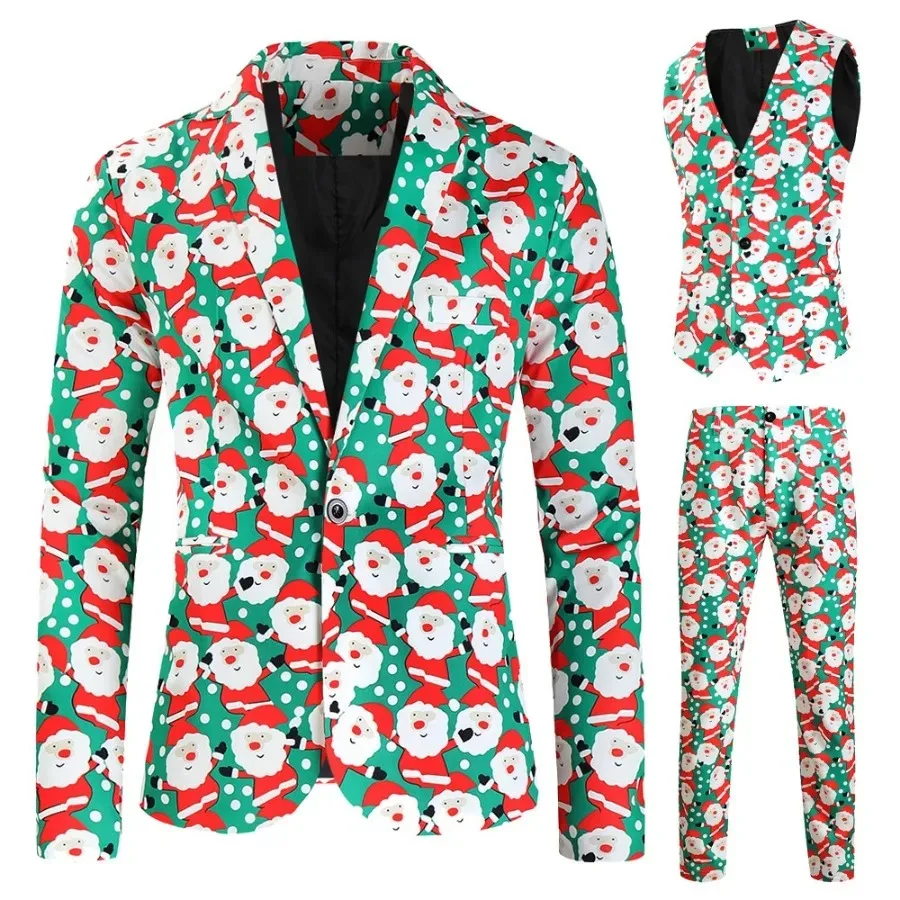 New Men's Suit Sets Rainbow Striped Print Blazers Jacket+Pants+Vest Three Pieces Halloween Christmas Party Stage Singer Costumes