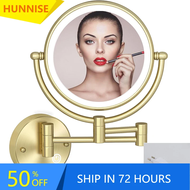 Brushed Gold Led Folding Touch Bathroom Mirrors of 5X Magnifying Bathroom Makeup Mirror Wall Mounted Led Folding Bathroom Mirror