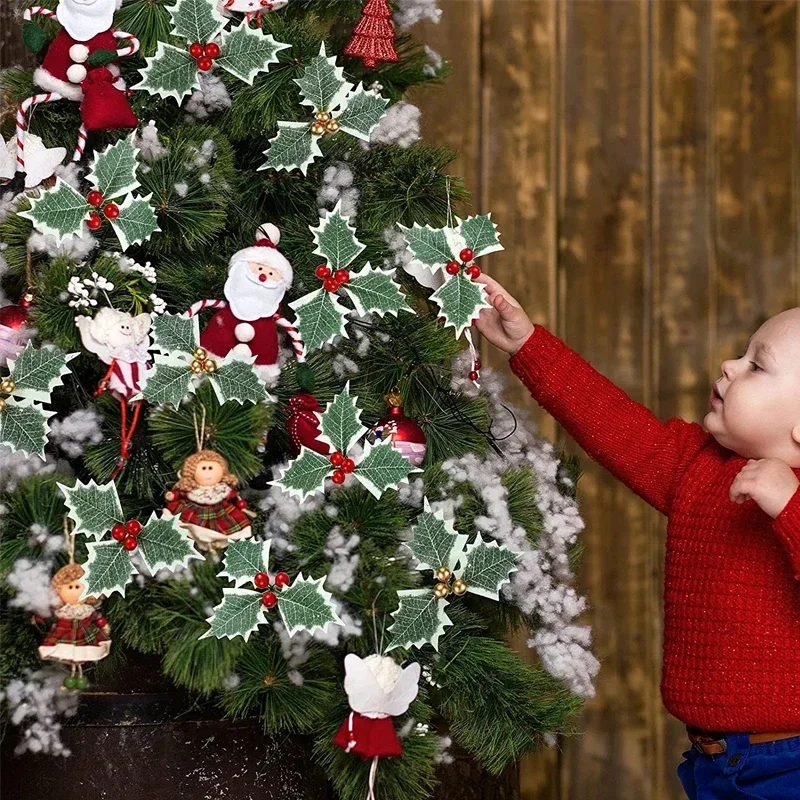 5-100 Stück künstliche Stechpalme Beeren grün Blätter Weihnachts schmuck Gold rote Stechpalme Beeren Stiele Weihnachts baum Kranz Geschenke Party Dekor