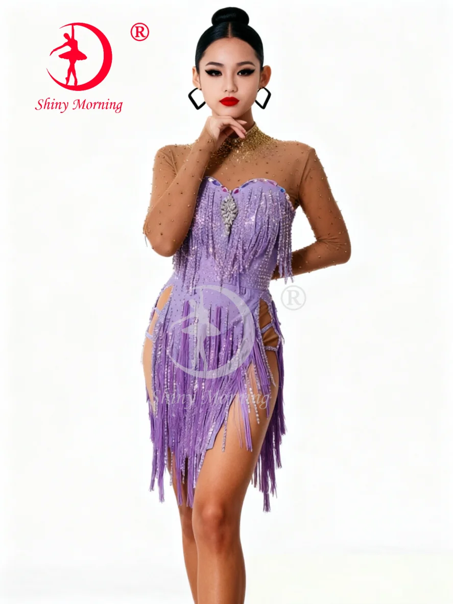 

Женское фиолетовое платье для латиноамериканских танцев, костюм для бальных танцев с бахромой и стразами, сетчатое платье с длинными рукавами для сальсы и танго