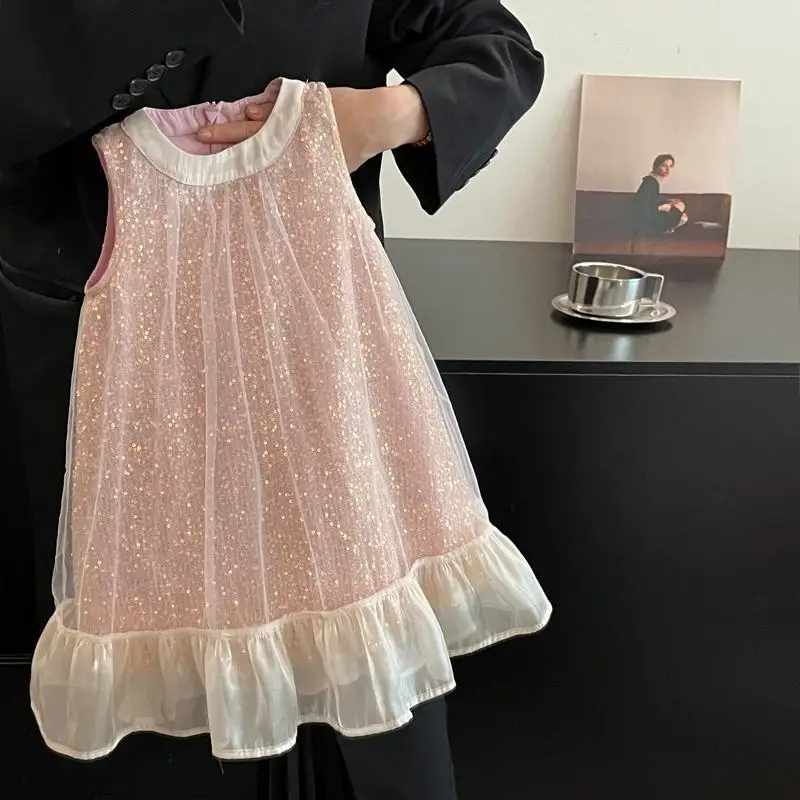 Elegant Fashion Harajuku Slim Fit Children Clothes Loose Casual All Match Princess Skirt Solid Sequins O Neck Sleeveless Dresses