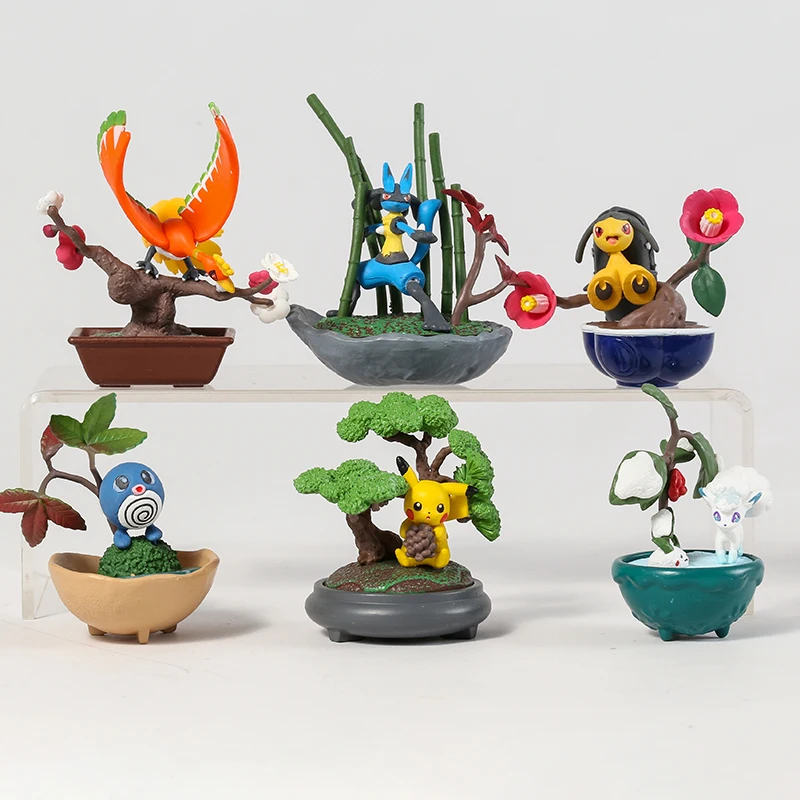 Pokemon Bonsai Pikachu Ho-Oh Lucario Mawile Poliwag Alolan Vulpix PVC Figures Toys 6pcs/set