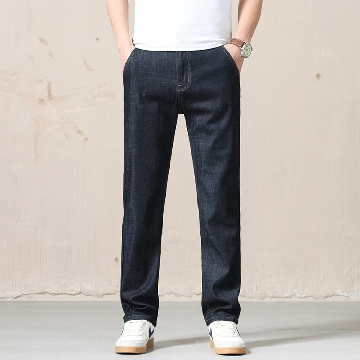 New Spring Summer Light Blue Men's Jeans Business Straight Cotton Black Casual Pants Trousers for Male Plus Size 28-40