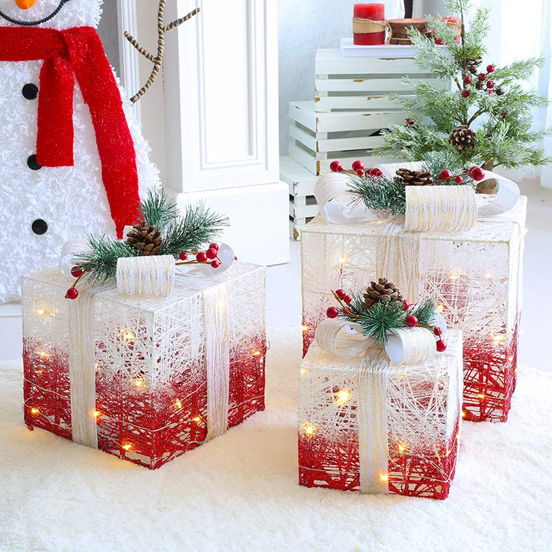 Christmas Decoration Three-piece Gift Box Christmas Tree Ornaments Luminous Iron Art Home Outdoor Christmas Decorations Mall