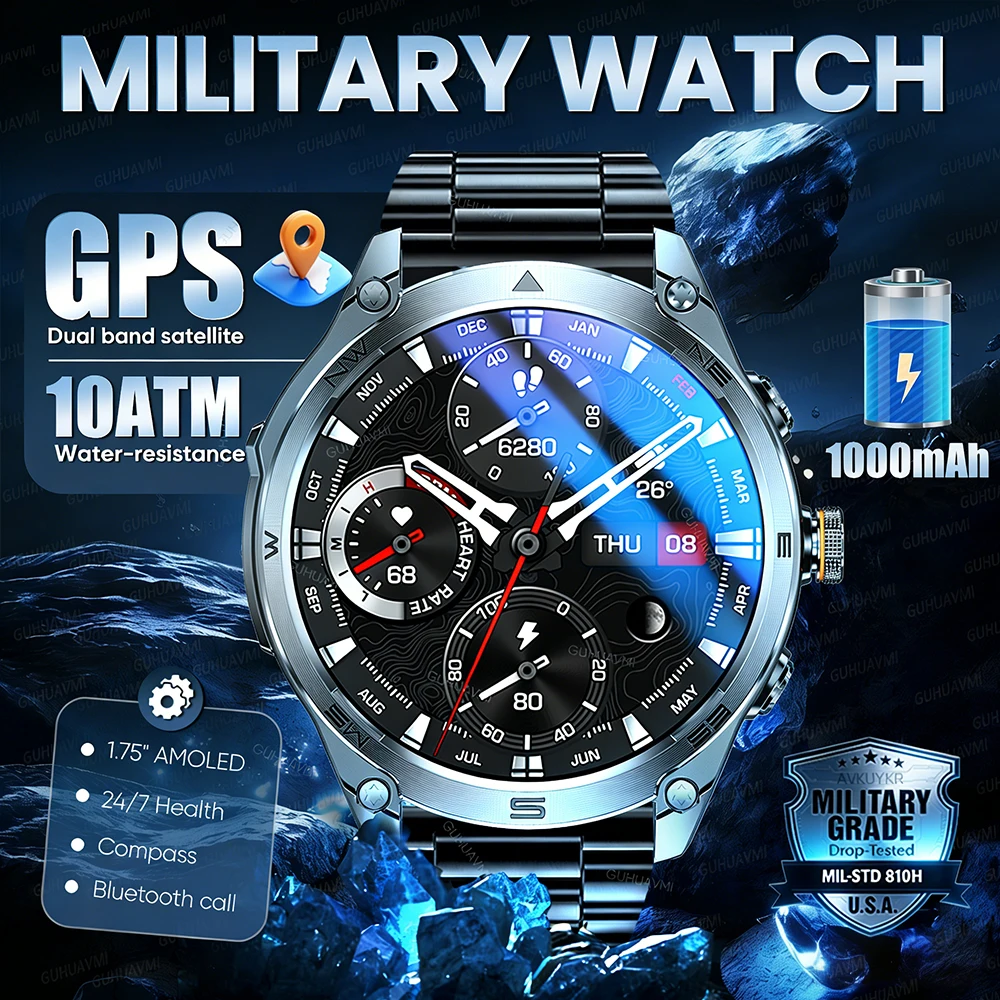 2026 novo gps militar ao ar livre 1000mah bateria relógio inteligente 10atm à prova dwaterproof água bússola freqüência cardíaca pressão bluetooth chamada smartwatch