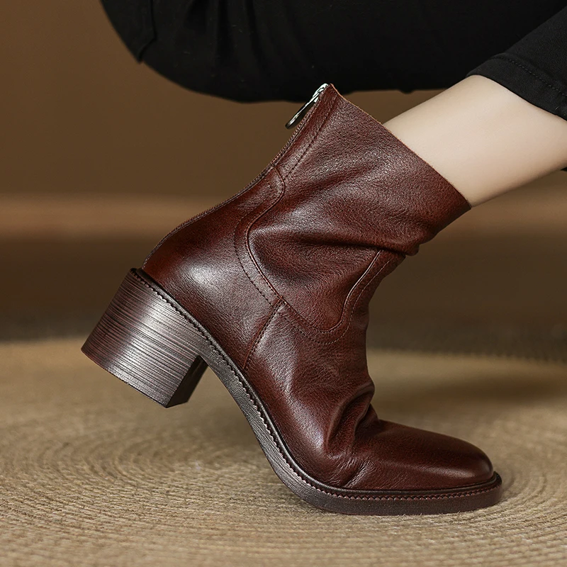 Autumn Winter Ankle Boots Shoes Black Brown High Heels Genuine Leather Elegant Fashion High Quality Good Women  Ankle Boots Y47