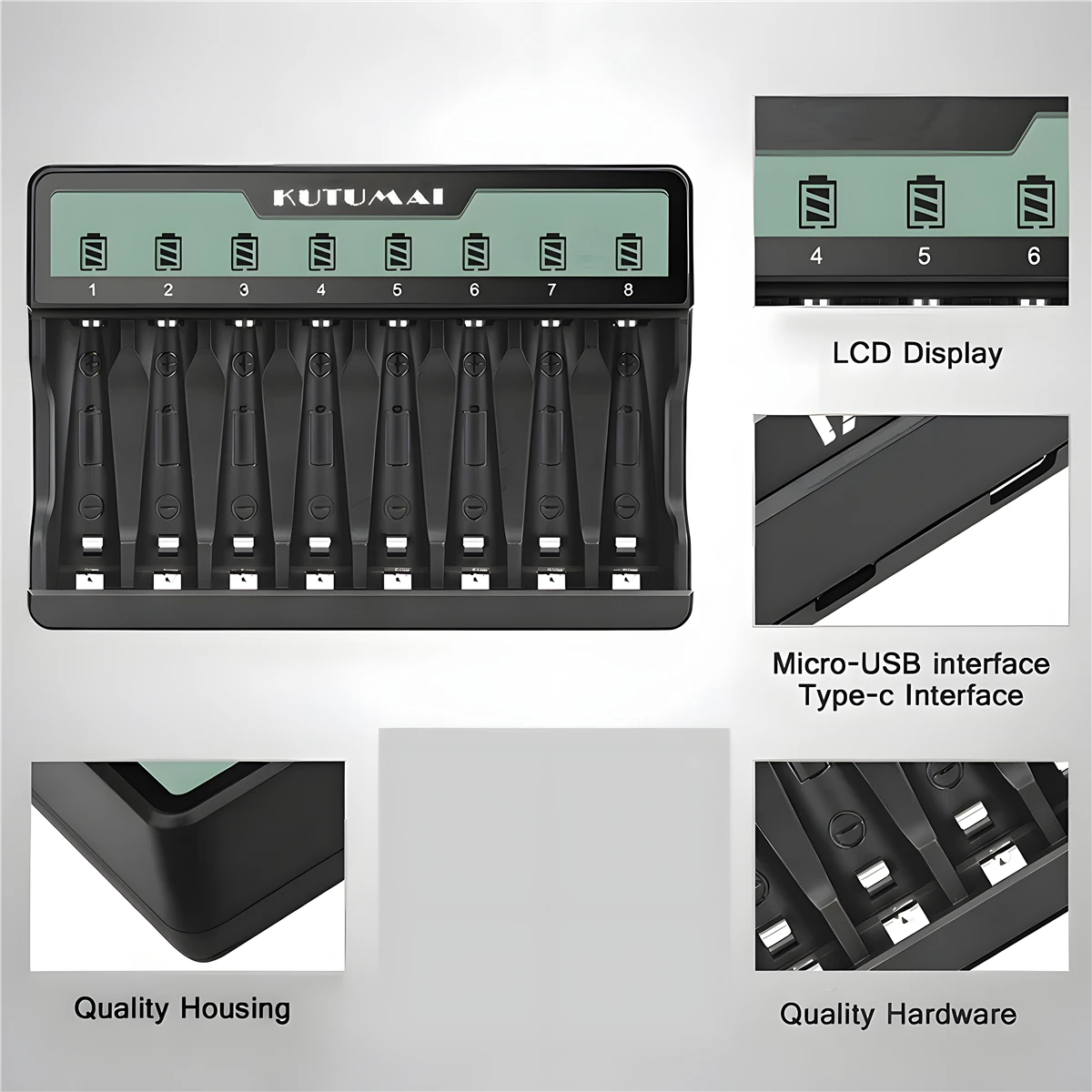 Battery Charger 8 Slots Smart Protection LCD Display USB Output For AA/AAA Ni-MH NI-CD Independent Rechargeable Batteries Charge