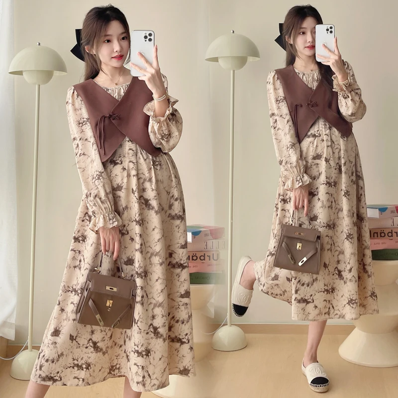 

Chinese Style Fashion Pregnant Women's Ink Painting Dress Suits High Waist Long Flare Sleeve Maternity Floral Dress+Vest Jacket