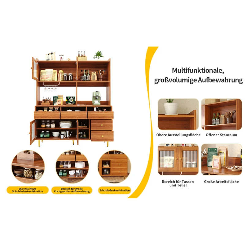 Restaurant-Hochschrank (145 x 39 x 171 cm), modernes und schlichtes Design, mit Changhong-Glastür, Weinglasregal, mehrschichtigem Stauraum, Holzstruktur und Golddekoration, geeignet für Restaurants