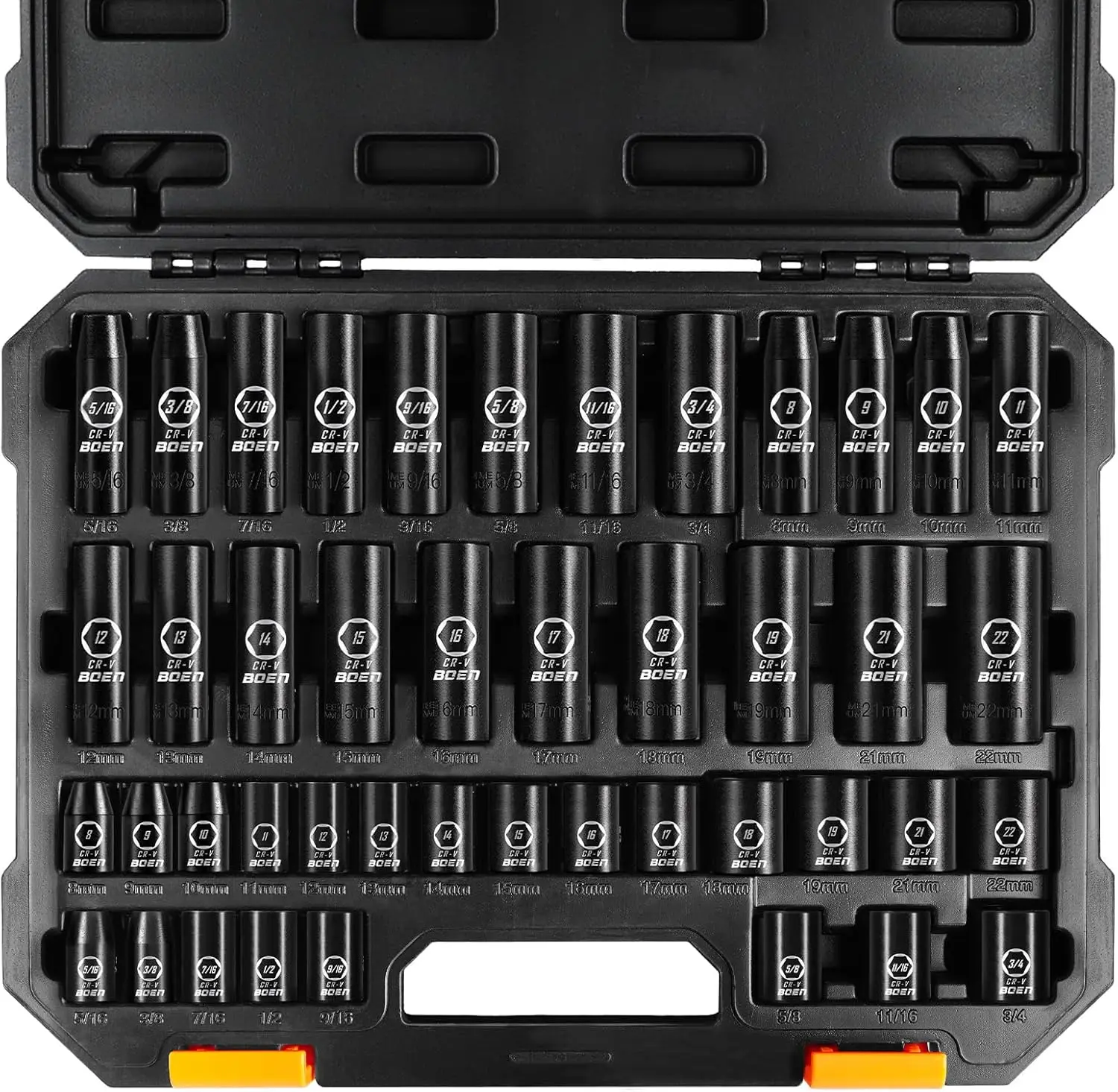 

3/8' Drive Impact Socket Set, 6 Point, 44-Piece SAE & Metric, Cr-V Steel for Impact Wrench