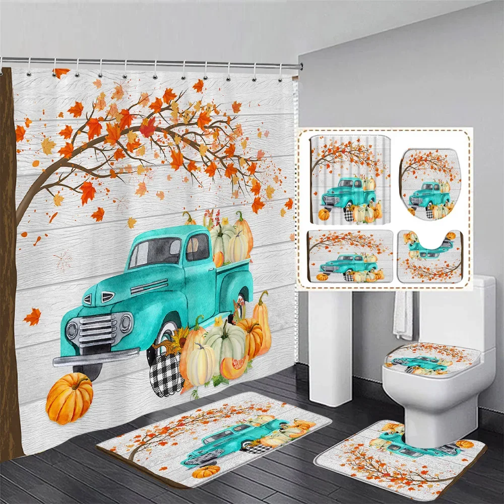 Fall Maple Leaves Shower Curtain Set Sunflower Pumpkin Farm Wooden Plank Autumn Bathroom Decor Rugs Bath Mats Toilet Lid Cover