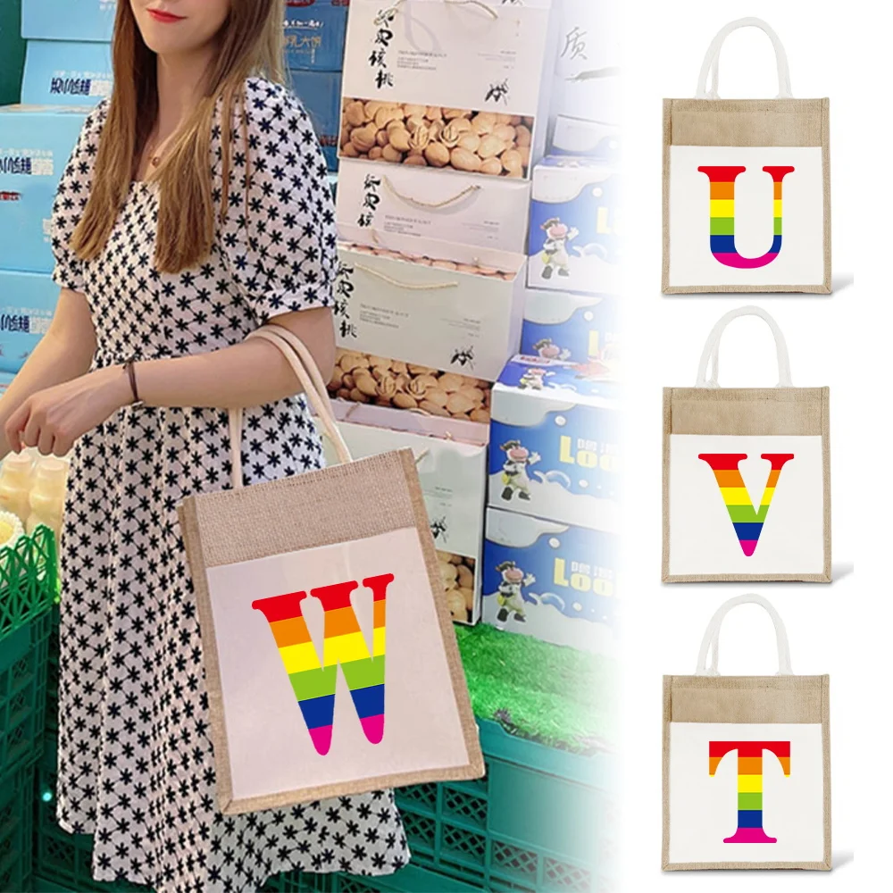 

Leisure Grocery Bags Vintage Shoulder Bag Reusable Linen Handbag Lightweight Simplicity Shopping Bag Rainbow Series