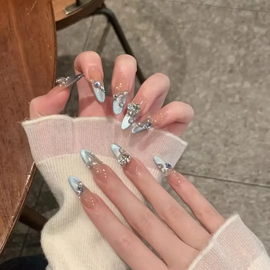 

Cute blue cat eye custom wearable nails full of diamonds girly heart detachable and reusable high quality nails